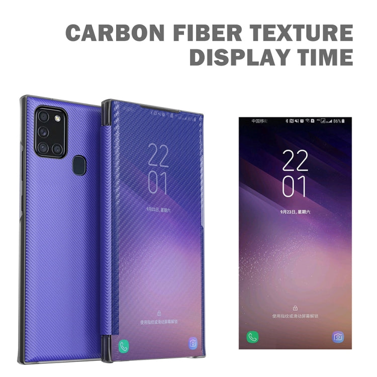 For Samsung Galaxy A21s Carbon Fiber Texture View Time Horizontal Flip Leather Case with Holder & Touch Call Display ID