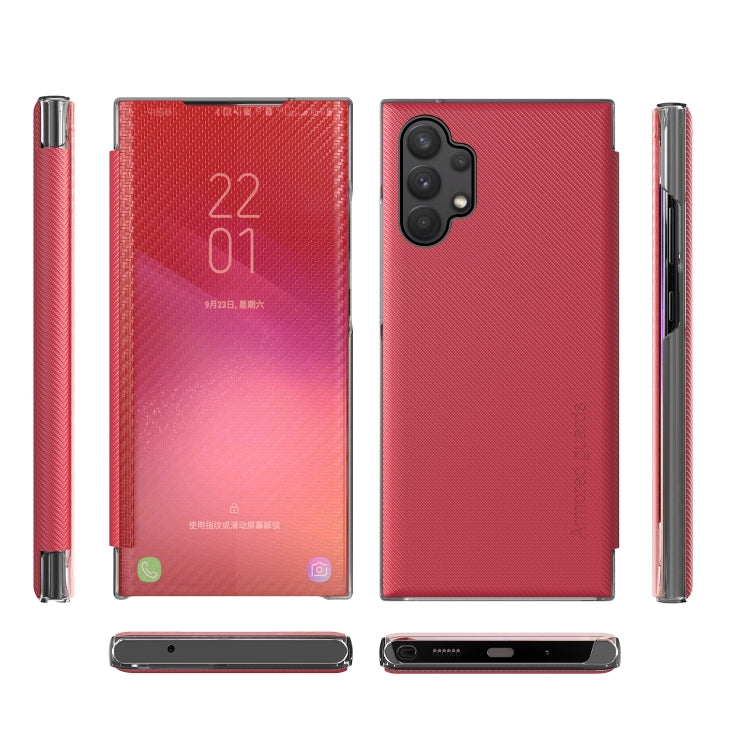 For Samsung Galaxy A32 4G Carbon Fiber Texture View Time Horizontal Flip Leather Case with Holder & Touch Call Display ID