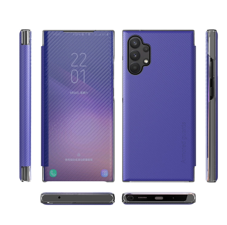 For Samsung Galaxy A32 4G Carbon Fiber Texture View Time Horizontal Flip Leather Case with Holder & Touch Call Display ID