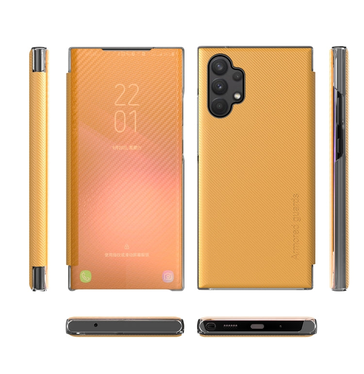 For Samsung Galaxy A32 4G Carbon Fiber Texture View Time Horizontal Flip Leather Case with Holder & Touch Call Display ID
