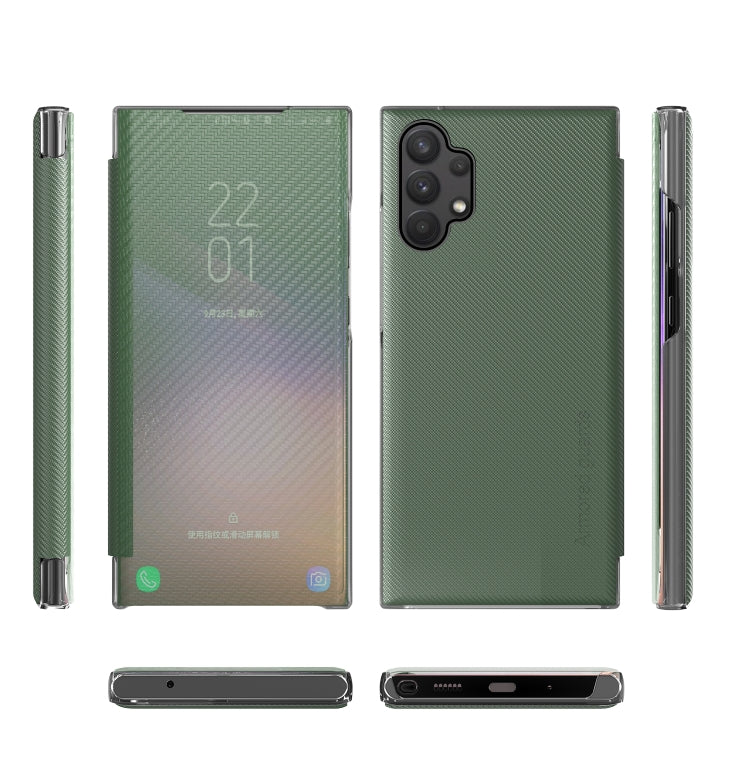 For Samsung Galaxy A32 4G Carbon Fiber Texture View Time Horizontal Flip Leather Case with Holder & Touch Call Display ID