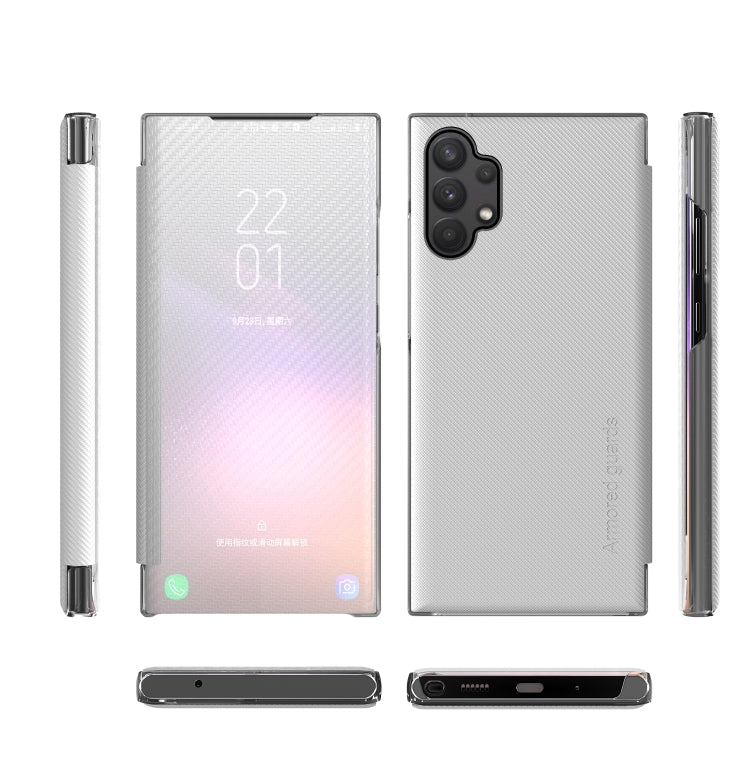 For Samsung Galaxy A32 4G Carbon Fiber Texture View Time Horizontal Flip Leather Case with Holder & Touch Call Display ID
