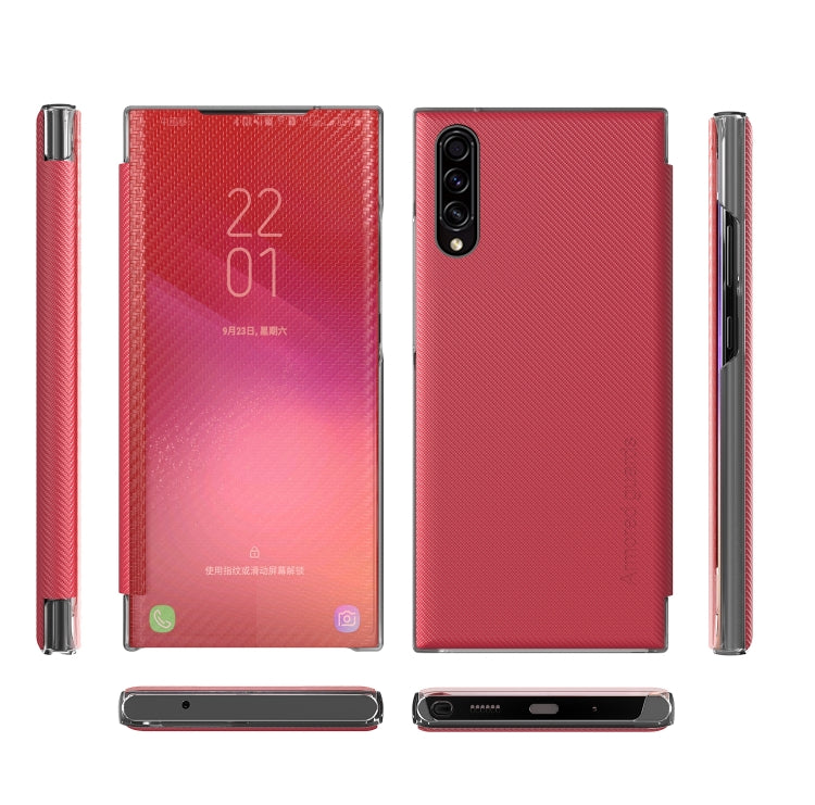 For Samsung Galaxy A50 Carbon Fiber Texture View Time Horizontal Flip Leather Case with Holder & Touch Call Display ID