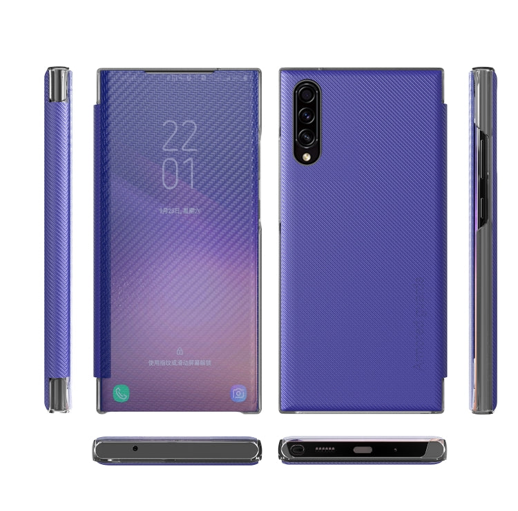 For Samsung Galaxy A50 Carbon Fiber Texture View Time Horizontal Flip Leather Case with Holder & Touch Call Display ID