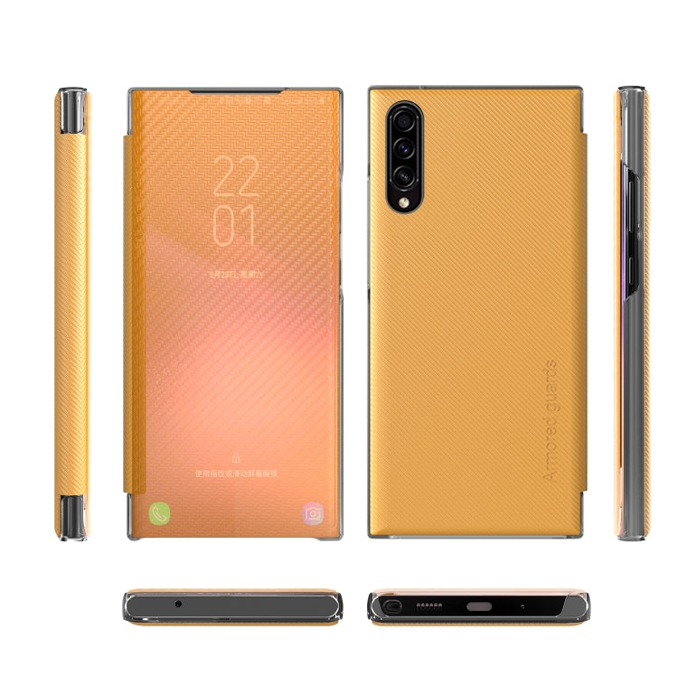 For Samsung Galaxy A50 Carbon Fiber Texture View Time Horizontal Flip Leather Case with Holder & Touch Call Display ID