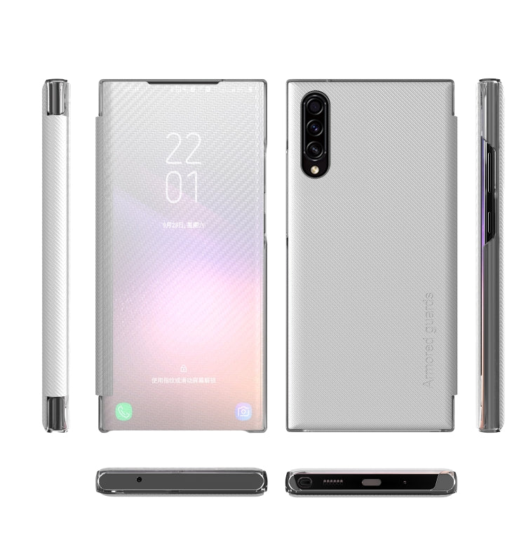 For Samsung Galaxy A50 Carbon Fiber Texture View Time Horizontal Flip Leather Case with Holder & Touch Call Display ID
