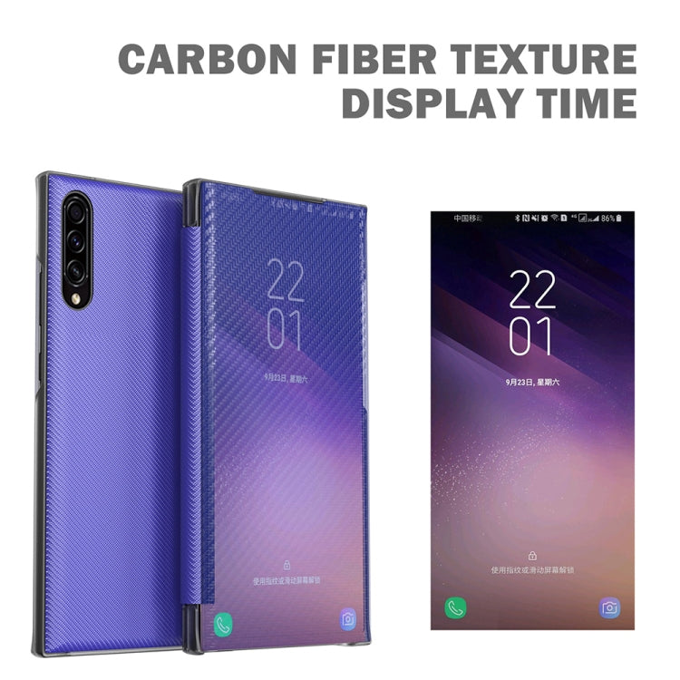 For Samsung Galaxy A50 Carbon Fiber Texture View Time Horizontal Flip Leather Case with Holder & Touch Call Display ID