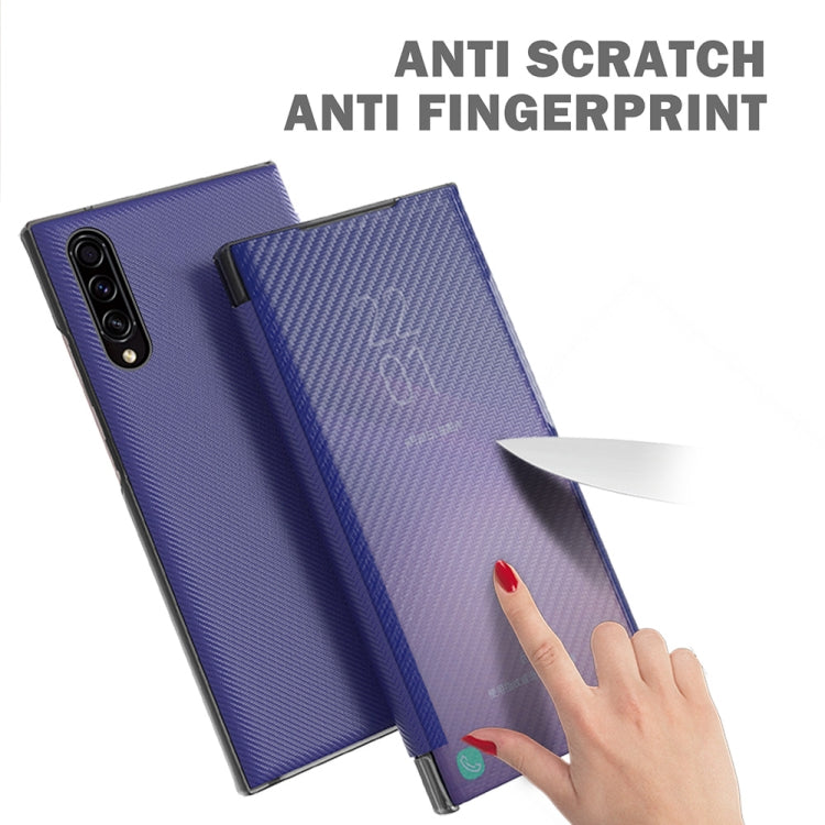 For Samsung Galaxy A50 Carbon Fiber Texture View Time Horizontal Flip Leather Case with Holder & Touch Call Display ID