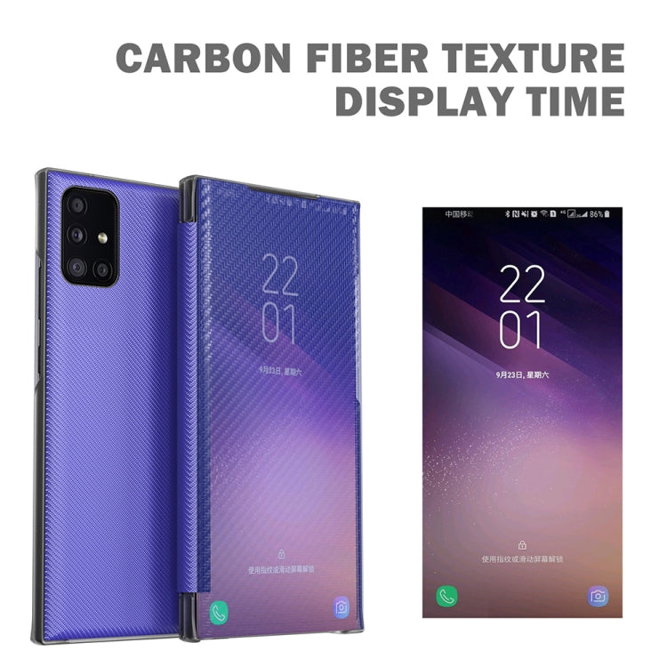 For Samsung Galaxy A51 Carbon Fiber Texture View Time Horizontal Flip Leather Case with Holder & Touch Call Display ID