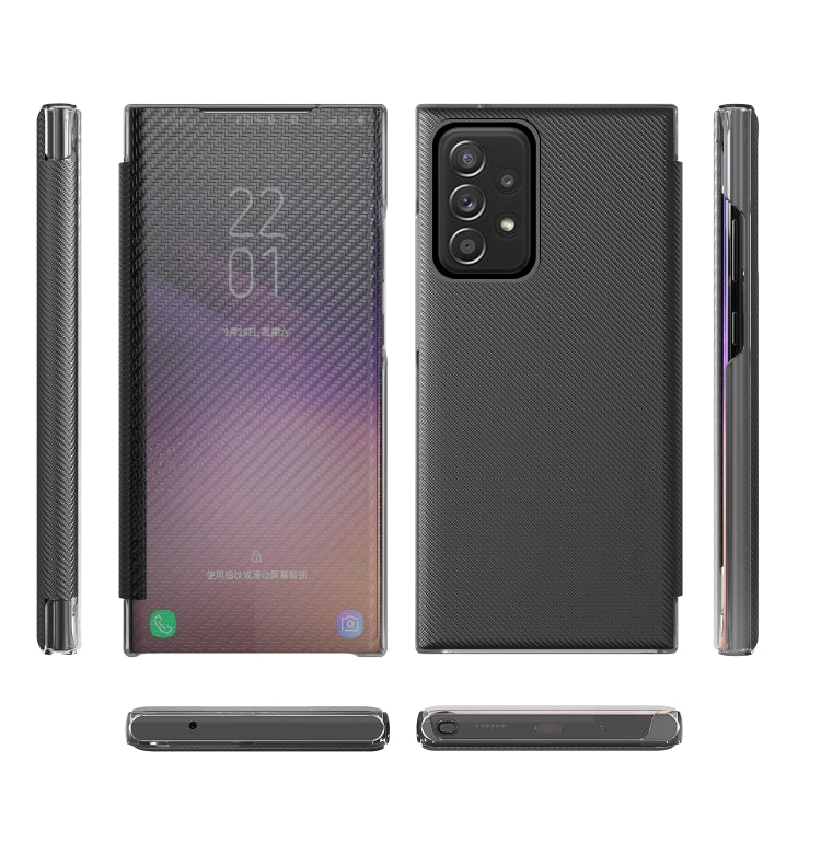 For Samsung Galaxy A52 5G / 4G Carbon Fiber Texture View Time Horizontal Flip Leather Case with Holder & Touch Call Display ID