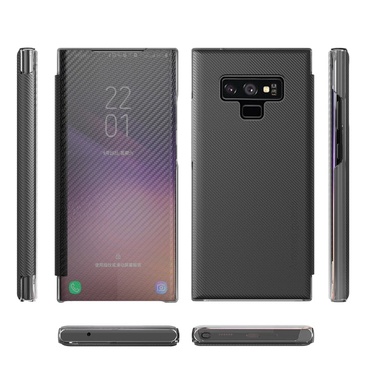 For Samsung Galaxy Note9 Carbon Fiber Texture View Time Horizontal Flip Leather Case with Holder & Touch Call Display ID
