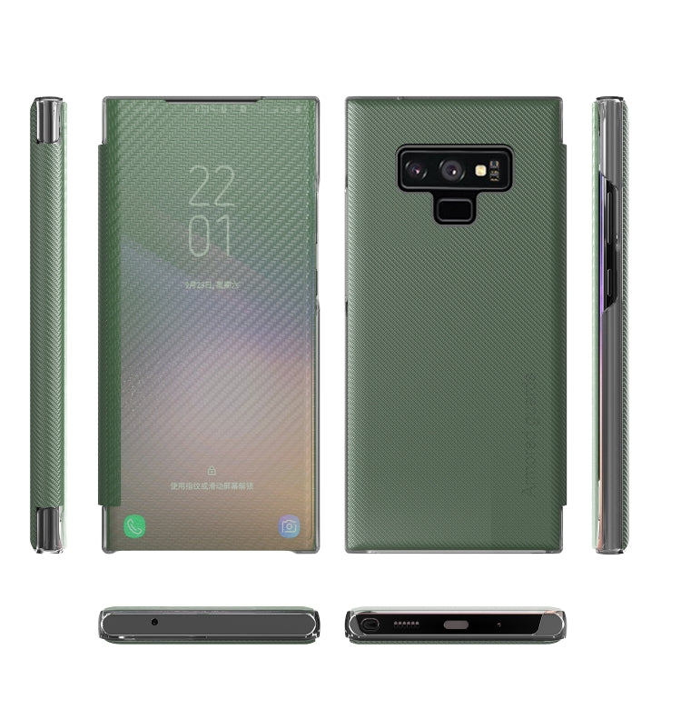 For Samsung Galaxy Note9 Carbon Fiber Texture View Time Horizontal Flip Leather Case with Holder & Touch Call Display ID