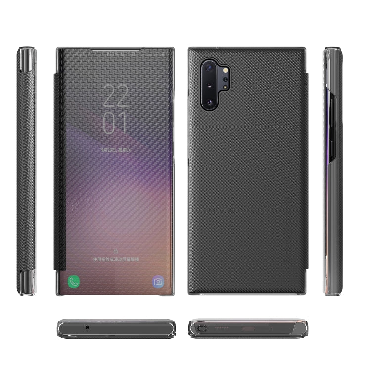 For Samsung Galaxy Note10+ Carbon Fiber Texture View Time Horizontal Flip Leather Case with Holder & Touch Call Display ID