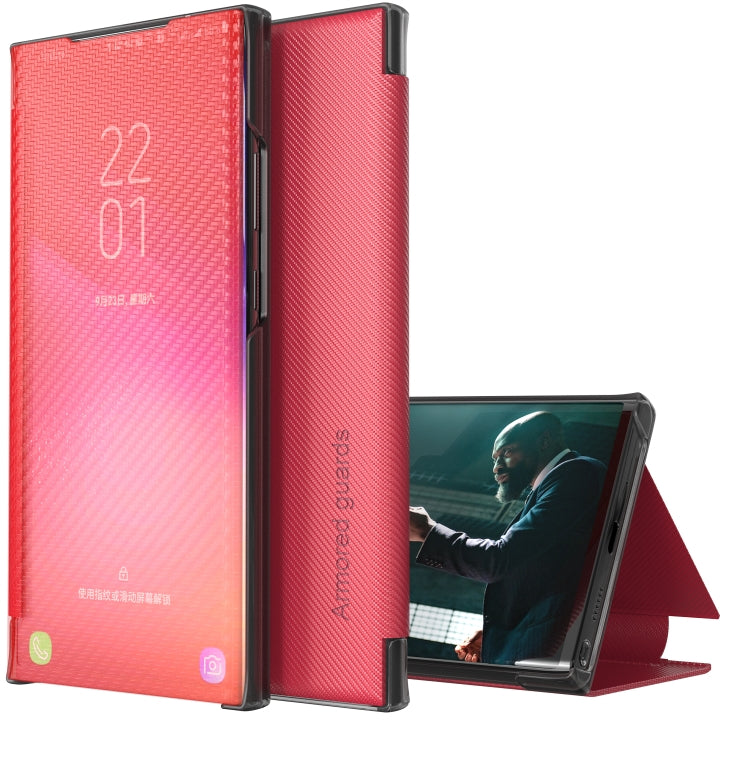For Samsung Galaxy Note10 Carbon Fiber Texture View Time Horizontal Flip Leather Case with Holder & Touch Call Display ID