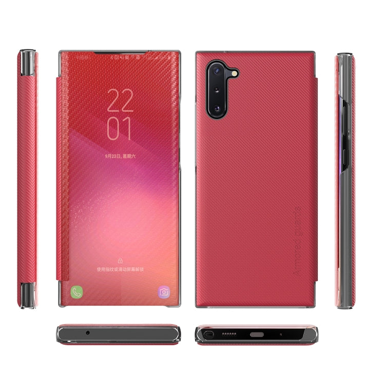 For Samsung Galaxy Note10 Carbon Fiber Texture View Time Horizontal Flip Leather Case with Holder & Touch Call Display ID