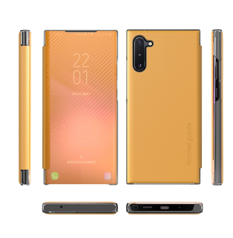 For Samsung Galaxy Note10 Carbon Fiber Texture View Time Horizontal Flip Leather Case with Holder & Touch Call Display ID