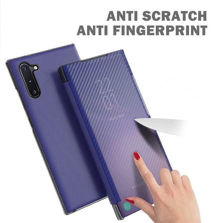 For Samsung Galaxy Note10 Carbon Fiber Texture View Time Horizontal Flip Leather Case with Holder & Touch Call Display ID