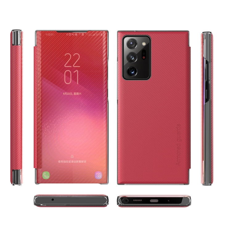 For Samsung Galaxy Note20 Ultra Carbon Fiber Texture View Time Horizontal Flip Leather Case with Holder & Touch Call Display ID