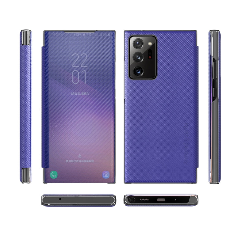 For Samsung Galaxy Note20 Ultra Carbon Fiber Texture View Time Horizontal Flip Leather Case with Holder & Touch Call Display ID