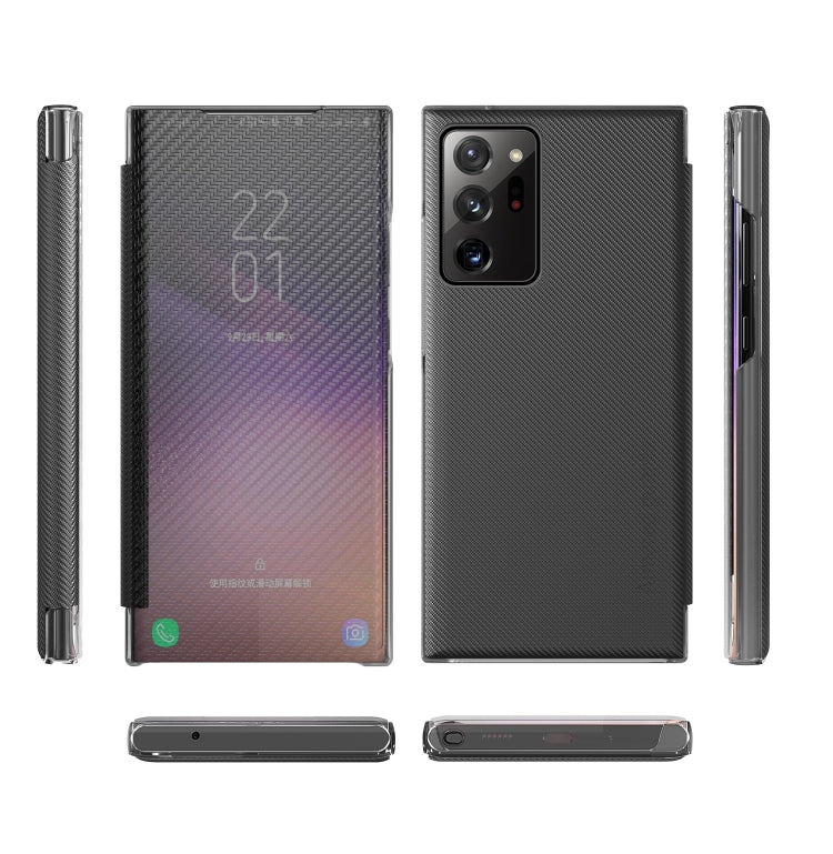 For Samsung Galaxy Note20 Ultra Carbon Fiber Texture View Time Horizontal Flip Leather Case with Holder & Touch Call Display ID