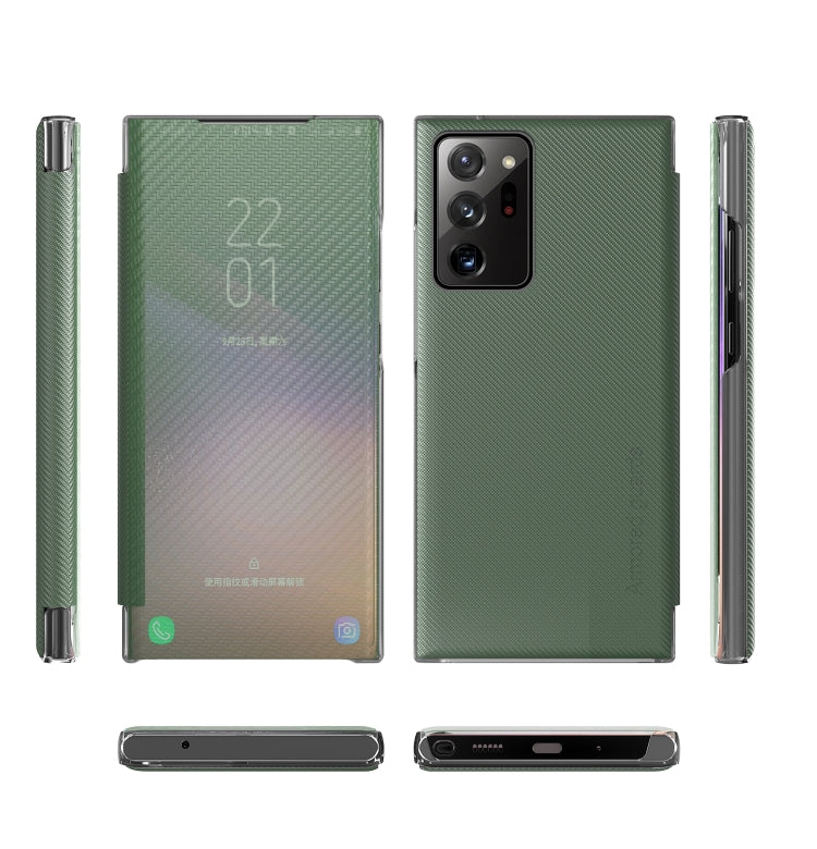 For Samsung Galaxy Note20 Ultra Carbon Fiber Texture View Time Horizontal Flip Leather Case with Holder & Touch Call Display ID