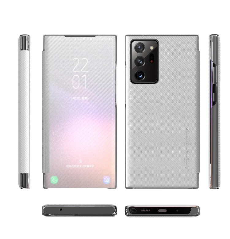 For Samsung Galaxy Note20 Ultra Carbon Fiber Texture View Time Horizontal Flip Leather Case with Holder & Touch Call Display ID