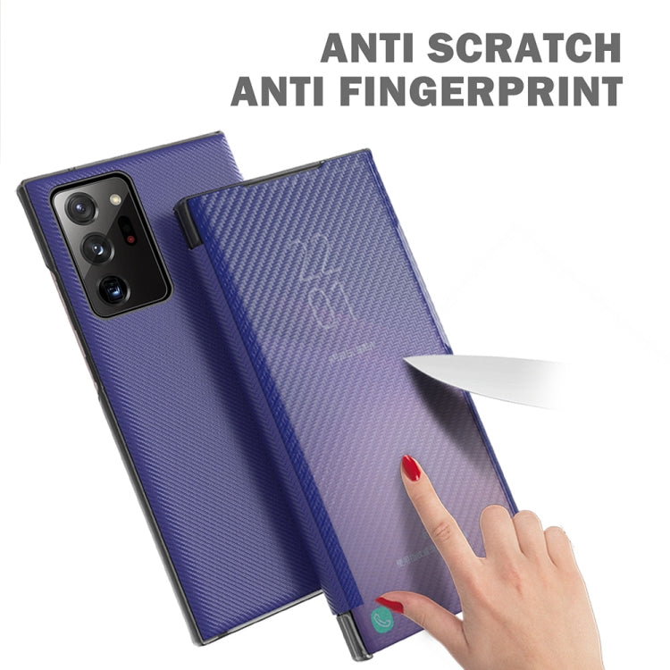 For Samsung Galaxy Note20 Ultra Carbon Fiber Texture View Time Horizontal Flip Leather Case with Holder & Touch Call Display ID