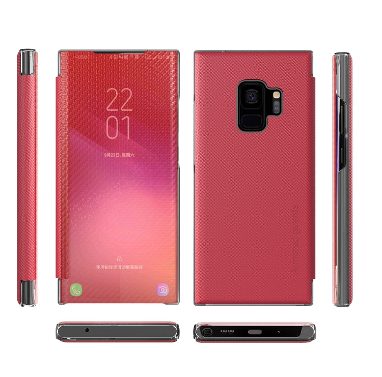 For Samsung Galaxy S9 Carbon Fiber Texture View Time Horizontal Flip Leather Case with Holder & Touch Call Display ID