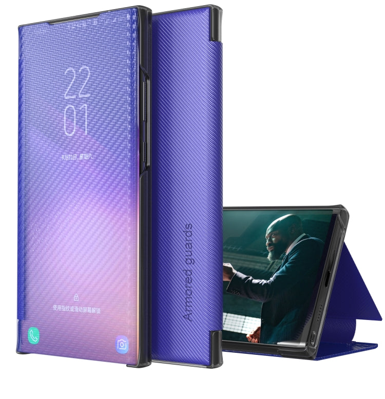 For Samsung Galaxy S9 Carbon Fiber Texture View Time Horizontal Flip Leather Case with Holder & Touch Call Display ID