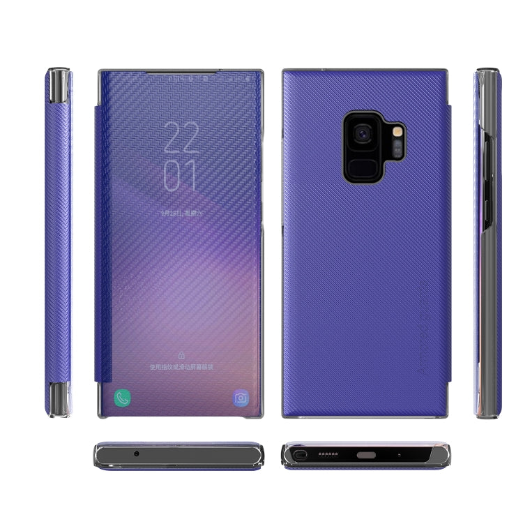For Samsung Galaxy S9 Carbon Fiber Texture View Time Horizontal Flip Leather Case with Holder & Touch Call Display ID
