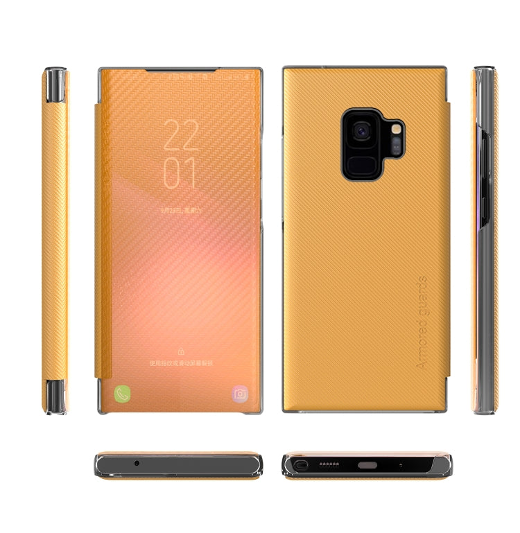 For Samsung Galaxy S9 Carbon Fiber Texture View Time Horizontal Flip Leather Case with Holder & Touch Call Display ID