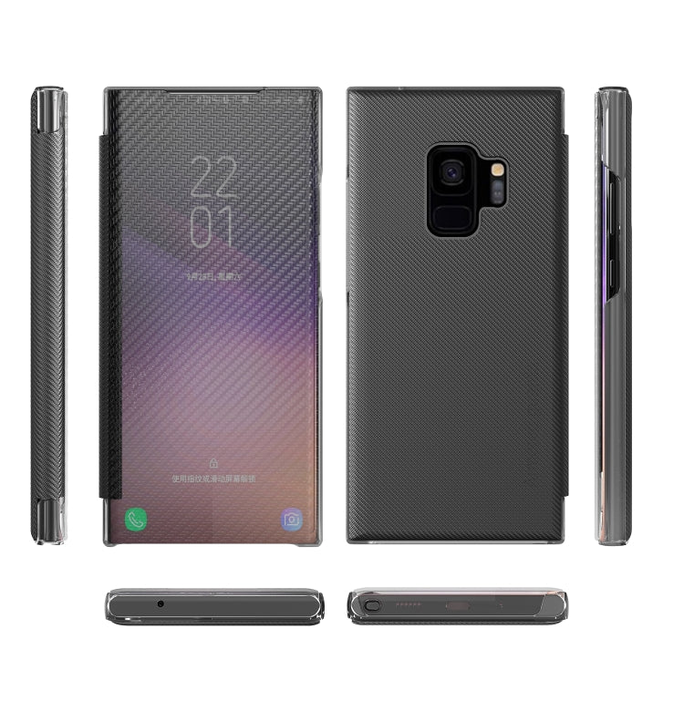 For Samsung Galaxy S9 Carbon Fiber Texture View Time Horizontal Flip Leather Case with Holder & Touch Call Display ID