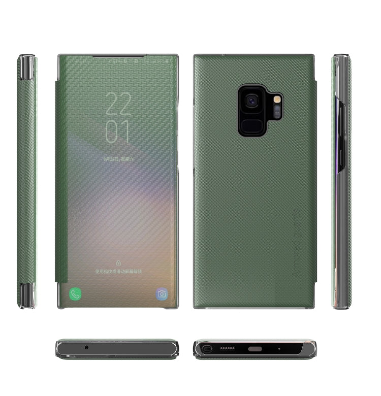 For Samsung Galaxy S9 Carbon Fiber Texture View Time Horizontal Flip Leather Case with Holder & Touch Call Display ID