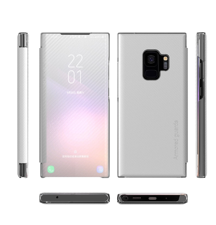 For Samsung Galaxy S9 Carbon Fiber Texture View Time Horizontal Flip Leather Case with Holder & Touch Call Display ID