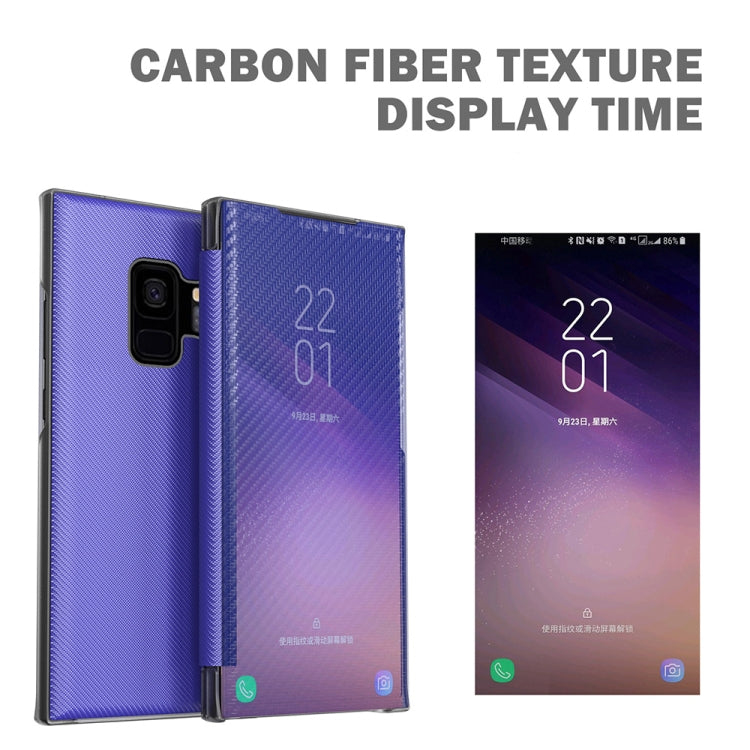 For Samsung Galaxy S9 Carbon Fiber Texture View Time Horizontal Flip Leather Case with Holder & Touch Call Display ID