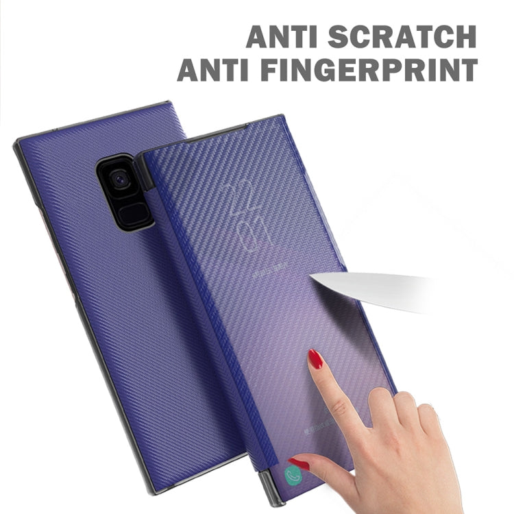 For Samsung Galaxy S9 Carbon Fiber Texture View Time Horizontal Flip Leather Case with Holder & Touch Call Display ID