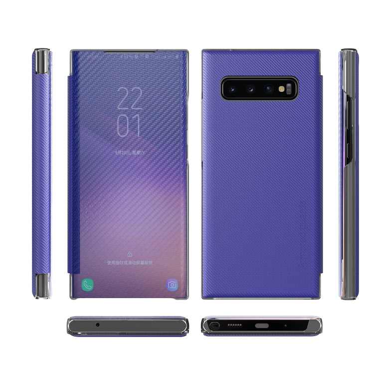 For Samsung Galaxy S10 Carbon Fiber Texture View Time Horizontal Flip Leather Case with Holder & Touch Call Display ID