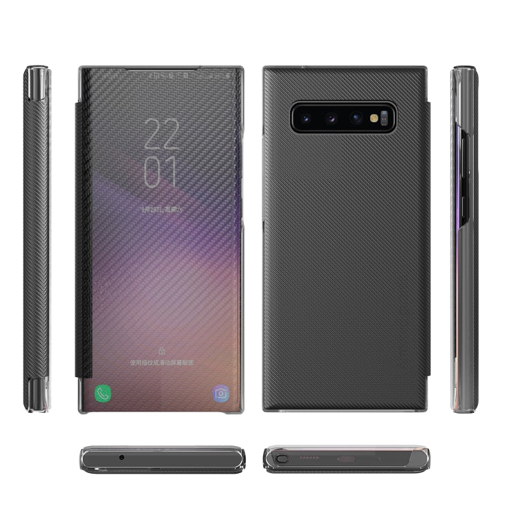 For Samsung Galaxy S10 Carbon Fiber Texture View Time Horizontal Flip Leather Case with Holder & Touch Call Display ID