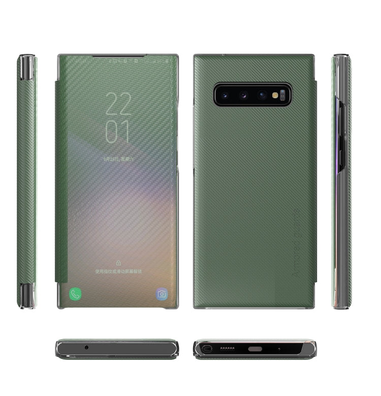 For Samsung Galaxy S10 Carbon Fiber Texture View Time Horizontal Flip Leather Case with Holder & Touch Call Display ID