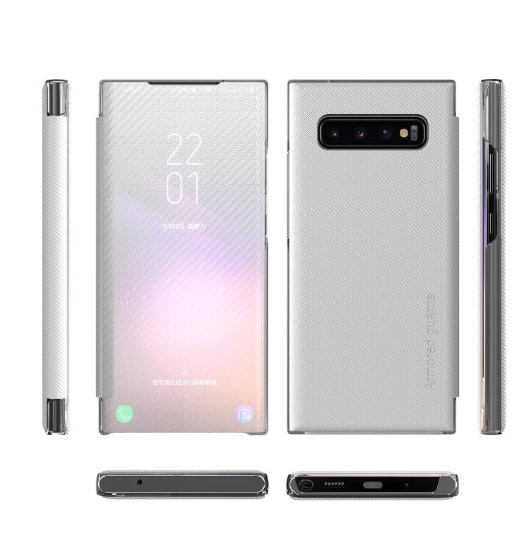 For Samsung Galaxy S10 Carbon Fiber Texture View Time Horizontal Flip Leather Case with Holder & Touch Call Display ID