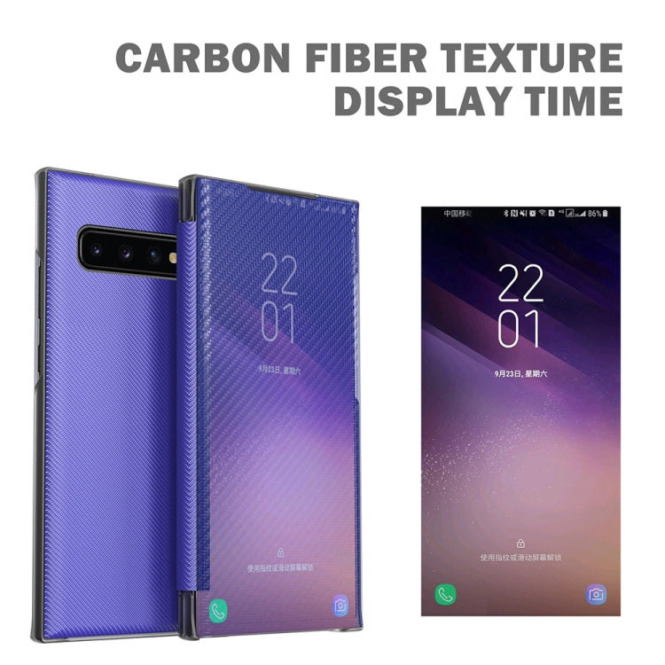 For Samsung Galaxy S10 Carbon Fiber Texture View Time Horizontal Flip Leather Case with Holder & Touch Call Display ID