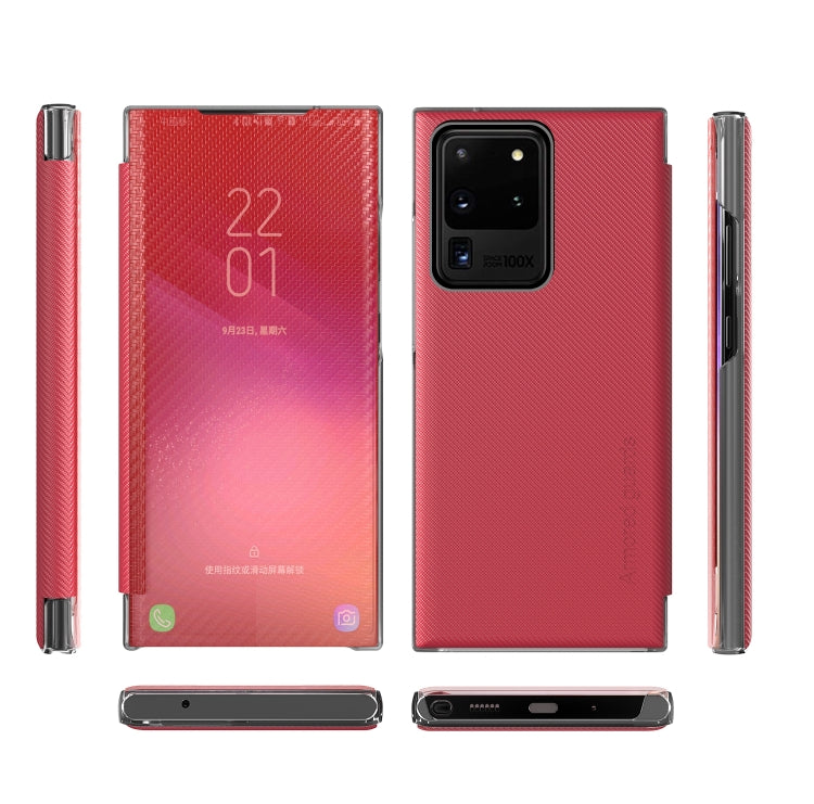 For Samsung Galaxy S20 Ultra Carbon Fiber Texture View Time Horizontal Flip Leather Case with Holder & Touch Call Display ID
