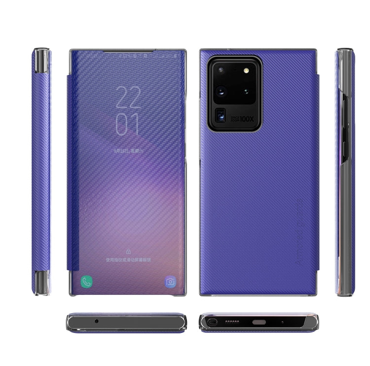 For Samsung Galaxy S20 Ultra Carbon Fiber Texture View Time Horizontal Flip Leather Case with Holder & Touch Call Display ID