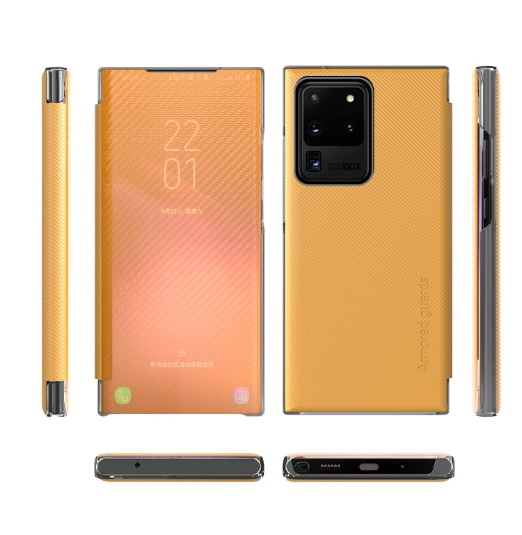 For Samsung Galaxy S20 Ultra Carbon Fiber Texture View Time Horizontal Flip Leather Case with Holder & Touch Call Display ID