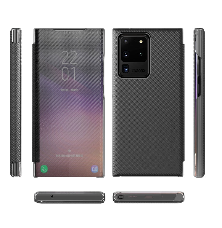 For Samsung Galaxy S20 Ultra Carbon Fiber Texture View Time Horizontal Flip Leather Case with Holder & Touch Call Display ID