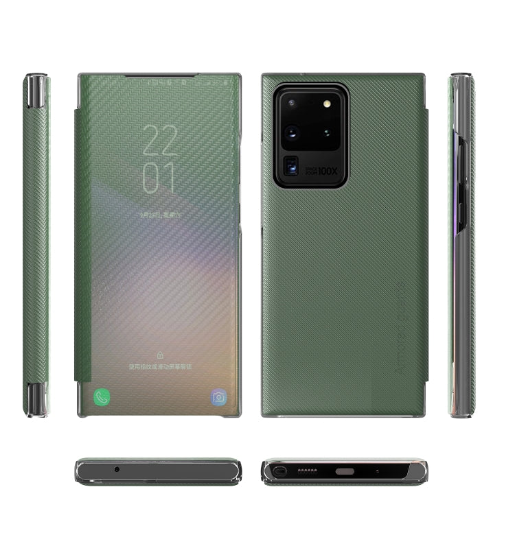For Samsung Galaxy S20 Ultra Carbon Fiber Texture View Time Horizontal Flip Leather Case with Holder & Touch Call Display ID