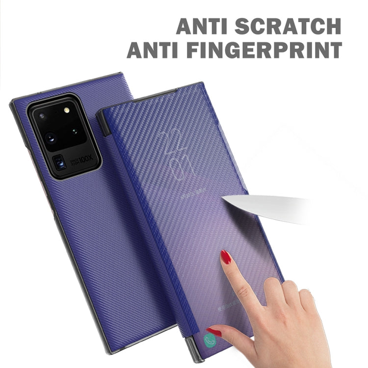 For Samsung Galaxy S20 Ultra Carbon Fiber Texture View Time Horizontal Flip Leather Case with Holder & Touch Call Display ID