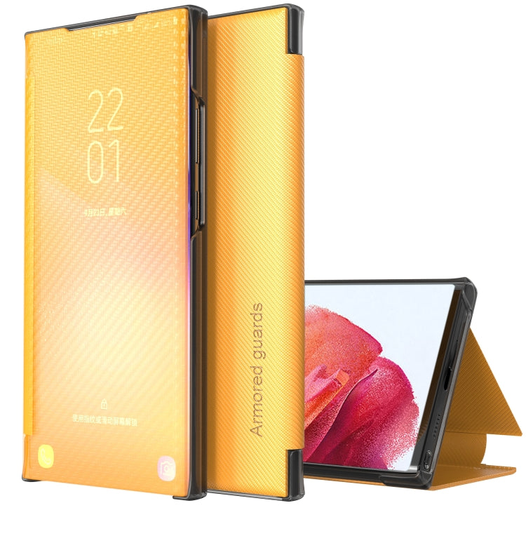 For Samsung Galaxy S21 5G Carbon Fiber Texture View Time Horizontal Flip Leather Case with Holder & Touch Call Display ID