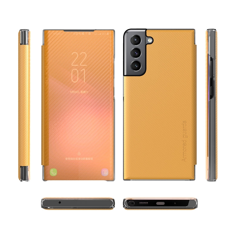 For Samsung Galaxy S21 5G Carbon Fiber Texture View Time Horizontal Flip Leather Case with Holder & Touch Call Display ID