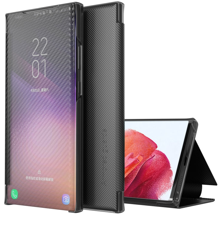 For Samsung Galaxy S21 5G Carbon Fiber Texture View Time Horizontal Flip Leather Case with Holder & Touch Call Display ID